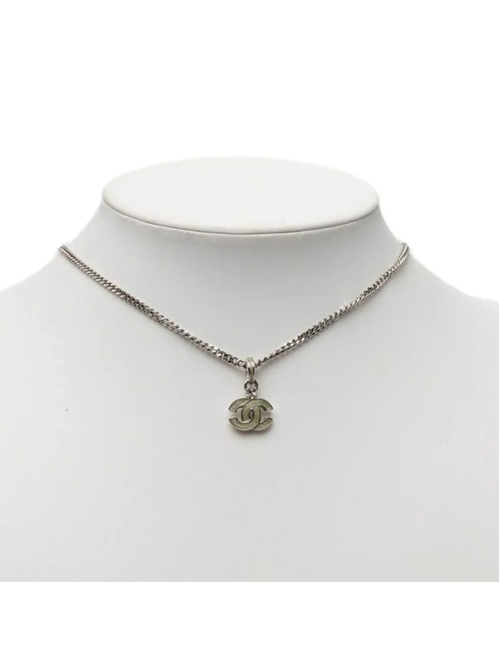 Chanel CC Logo Pendant Silver Green Metal Rhinestone